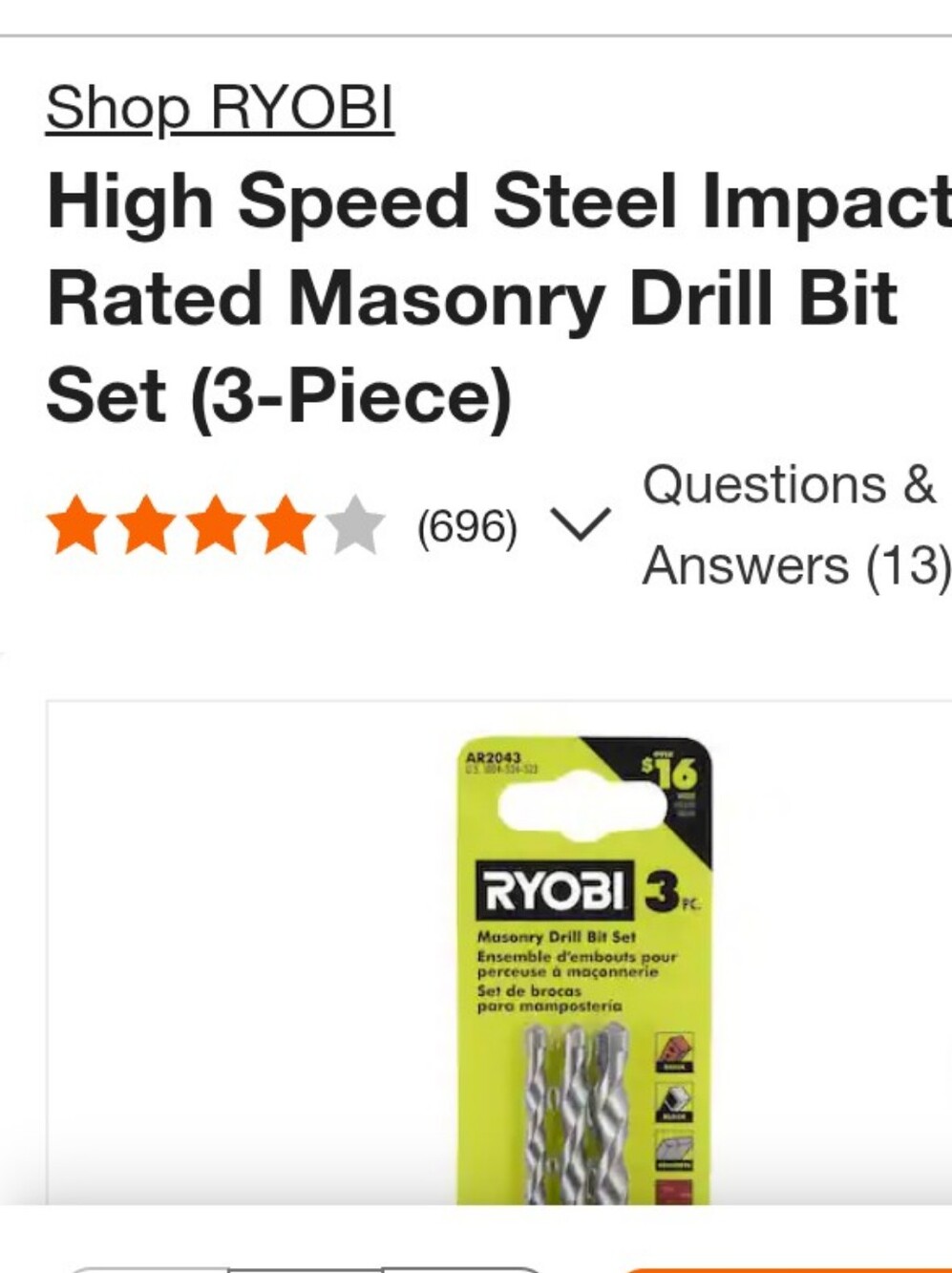 Nwt Ryobi Masonry Drill Bit Set - 3-Piece Gray Hex Shank (5/32", 3/16", 1/4") - Picture 4 of 4